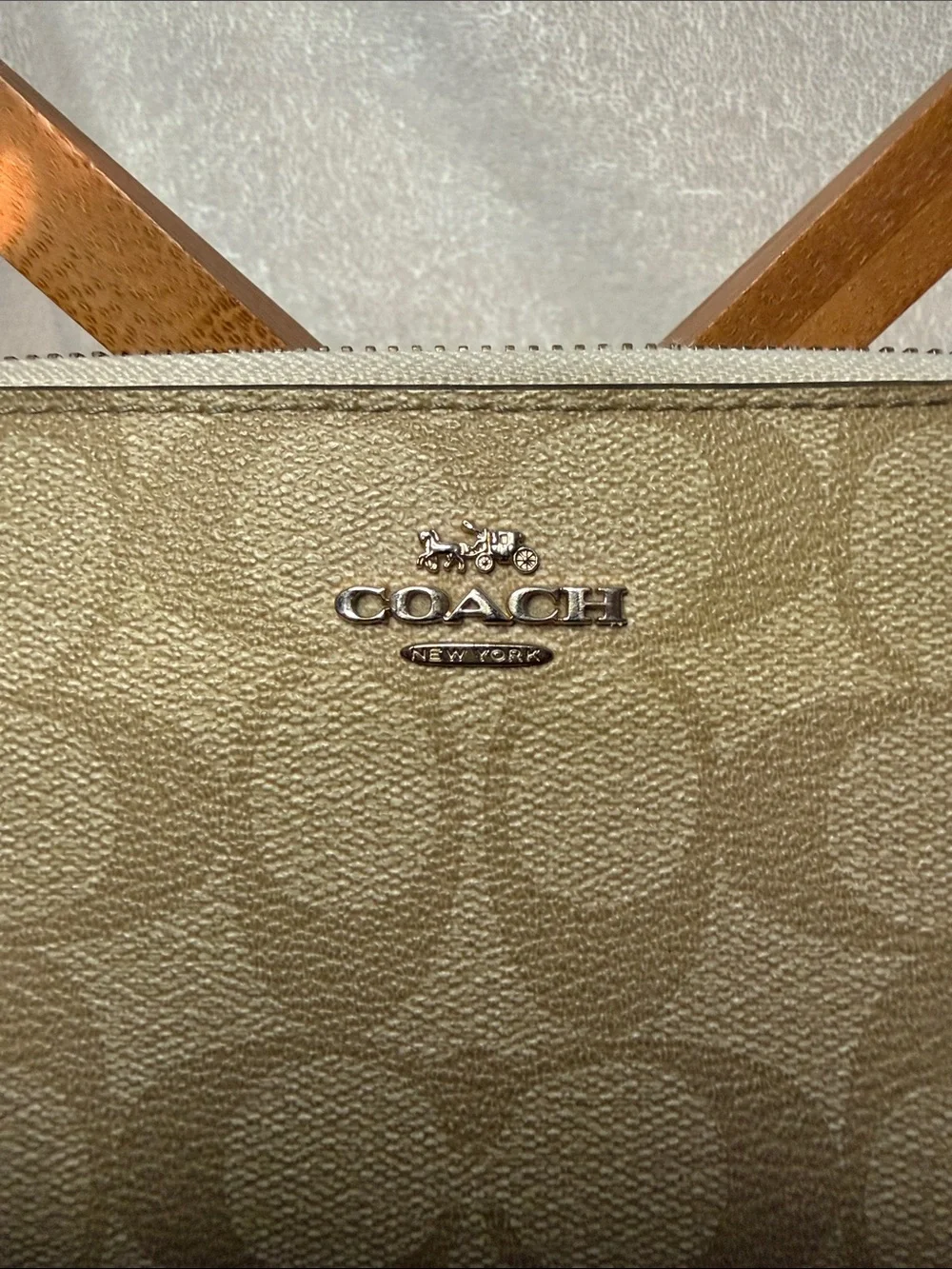 Coach Tan Signature Zip Wallet with Logo Plaque
